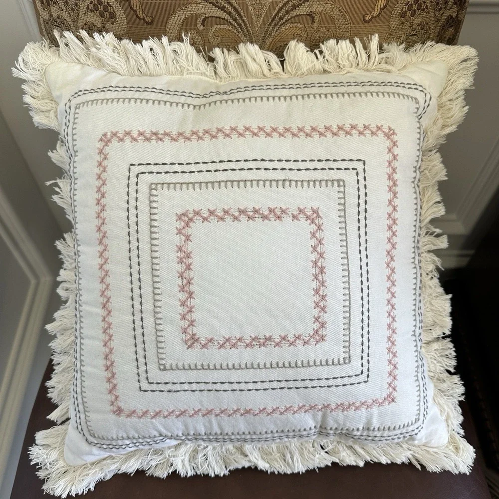 Modern Dreams Throw Pillow‎ 16x16 Inch Cross Stitch Embroidered Geometric White